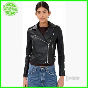 Classic Moto Leather Jacket Slim Cropped Silhouette Long Sleeve
